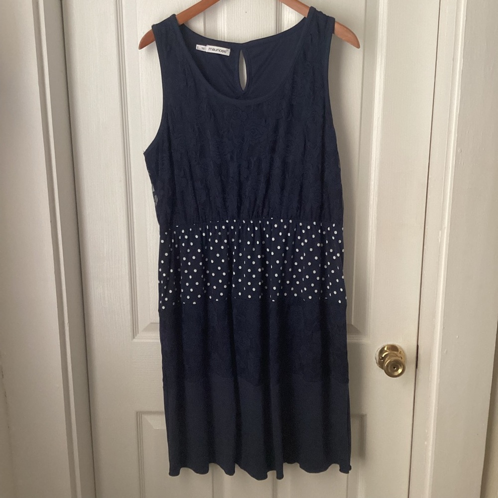 MAURICES: navy blue with lace and white polkadot sleeveless dress 1X